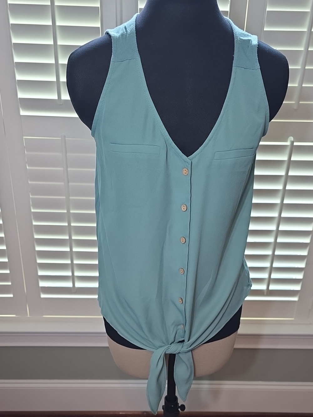 Sleeveless Tie-Front V-Neck Blouse in Mint Blue